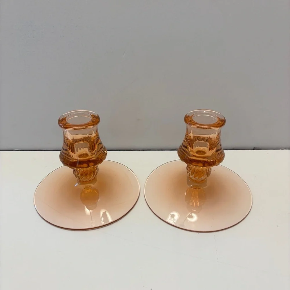 Vintage Heisey Glass Co Flamingo Pink Candle Holders